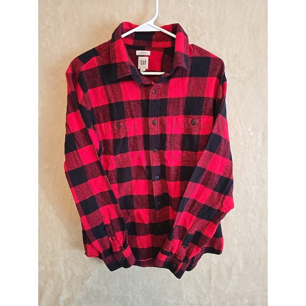 GAP Men's "Untucked" Flannel Shirt L Red / Black Plaid Brushed Cotton O16